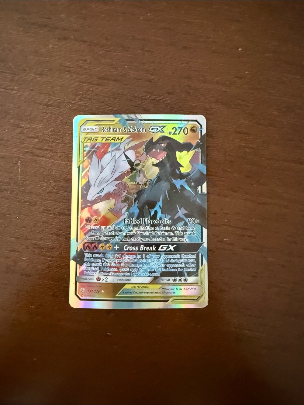 Reshiram & Zekrom TAG TEAM GX Rainbow Holo Pokémon Card